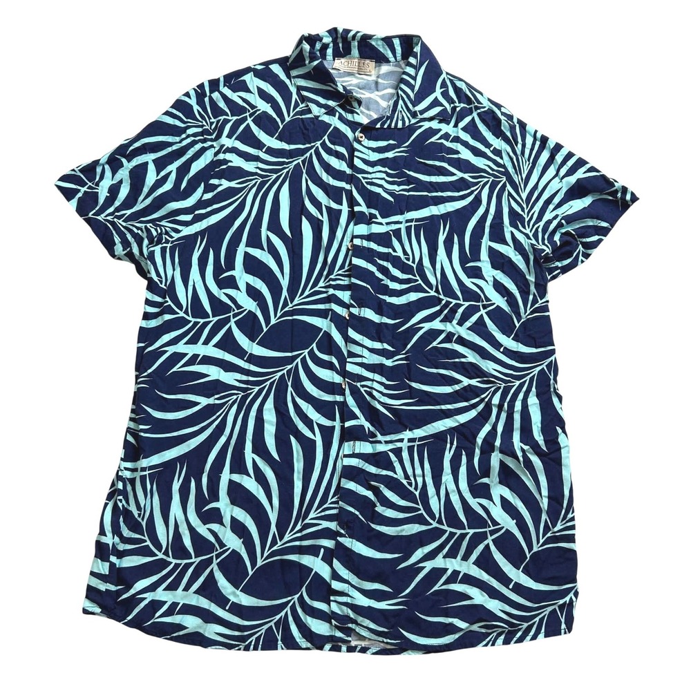 Achilles Greek Premium Quality Mens XL Tropical Palm Leaf Button Down Shirt Blue